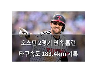오스틴 2경기 연속 홈런 타구속도 183.4km 기록